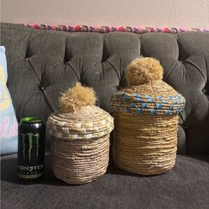 Opalhouse Banana Leaf Woven Baskets with Pom-Pom Lids